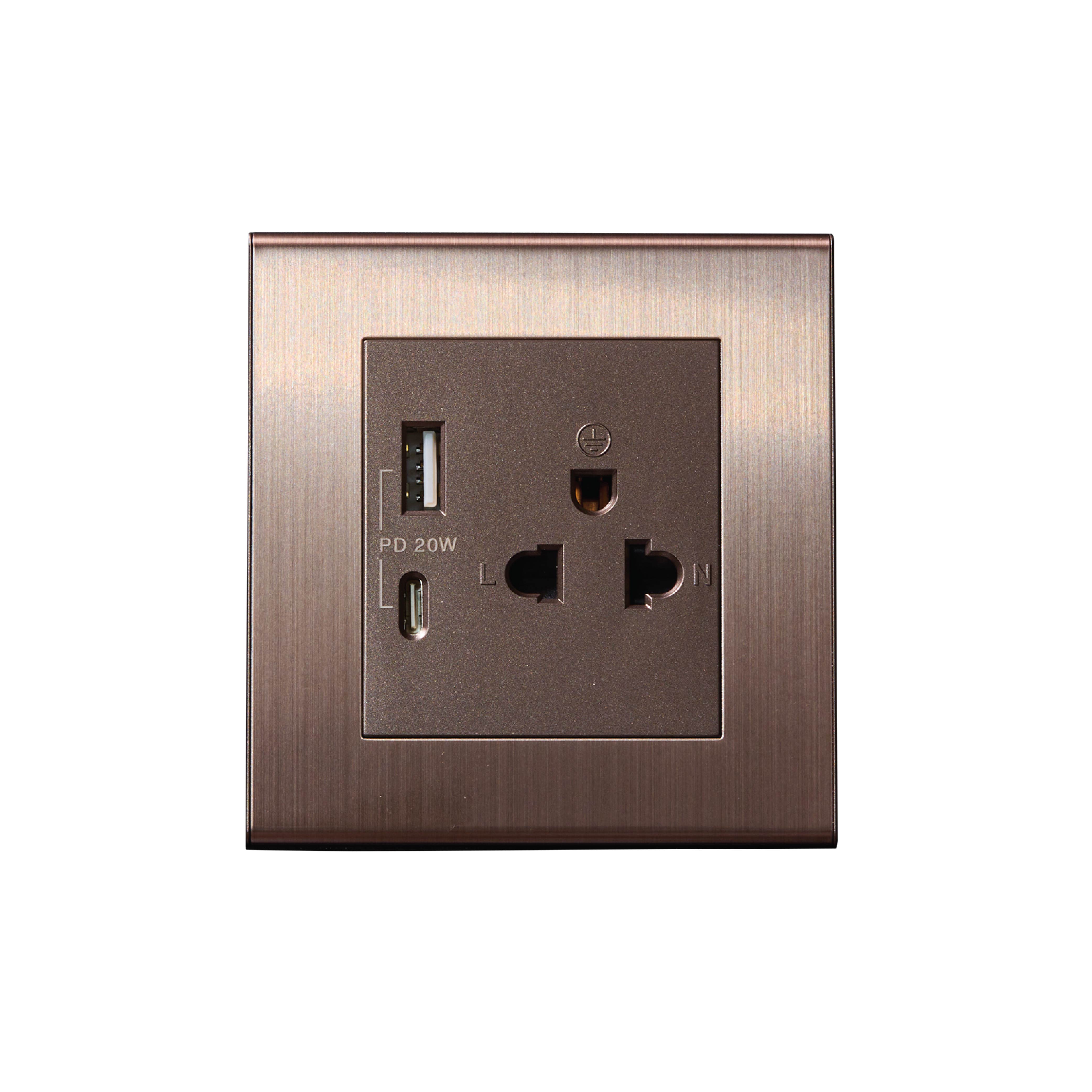 เต้ารับคู่ 3 ขา ART DNA รุ่น V23 WITH USB TYPE A+C CHARGER SOCKET DESIGN SWITCH สี BRUSH BROWN